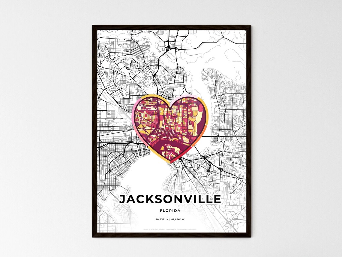 Jacksonville Florida Minimal City Map Colorful Heart Icon Art Poster