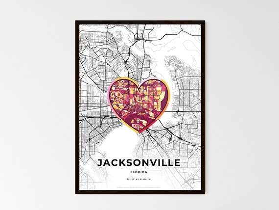 Jacksonville Florida Minimal City Map Colorful Heart Icon Art Poster