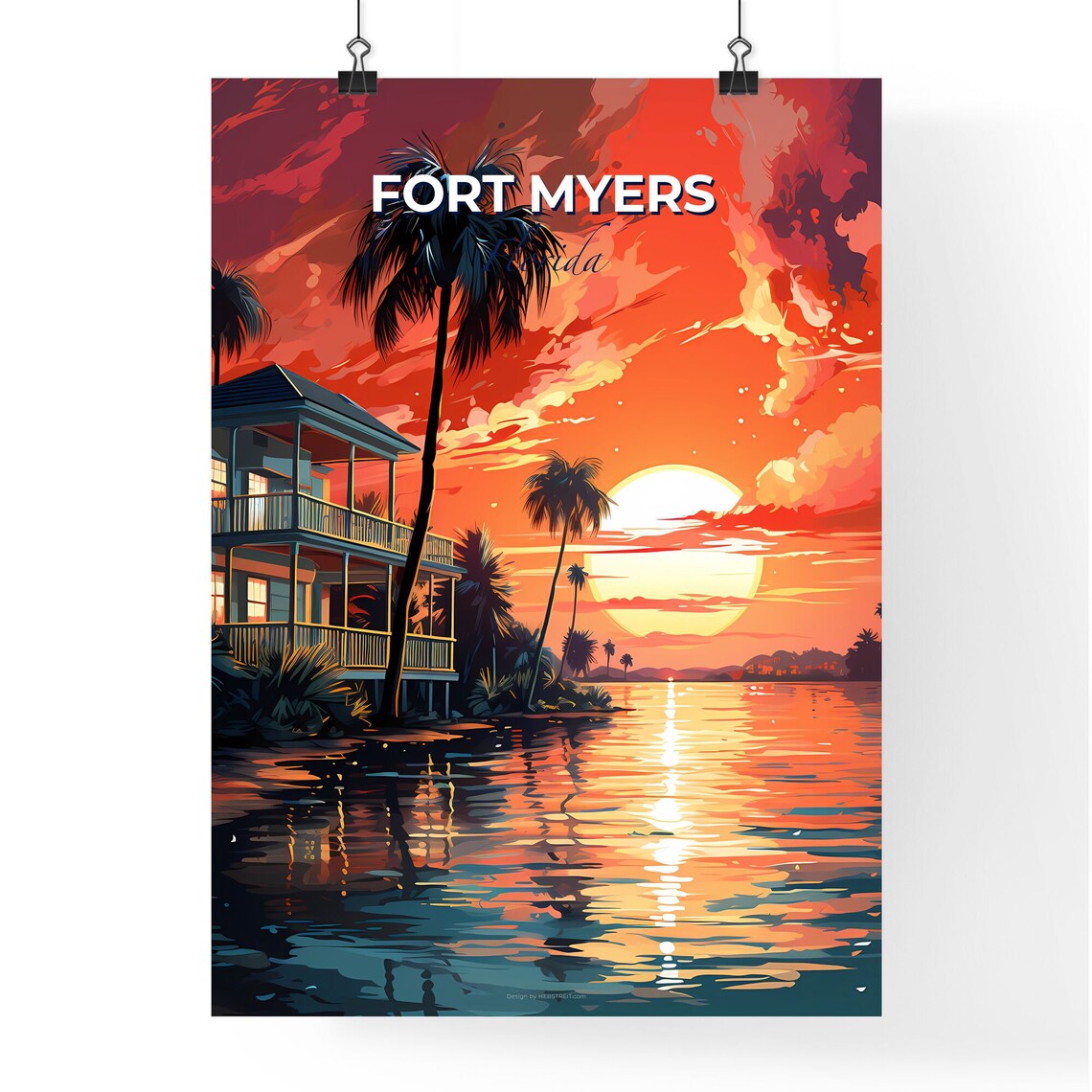 Fort Myers Florida Beach House Palm Trees Sunset Ocean Poster - Image 4