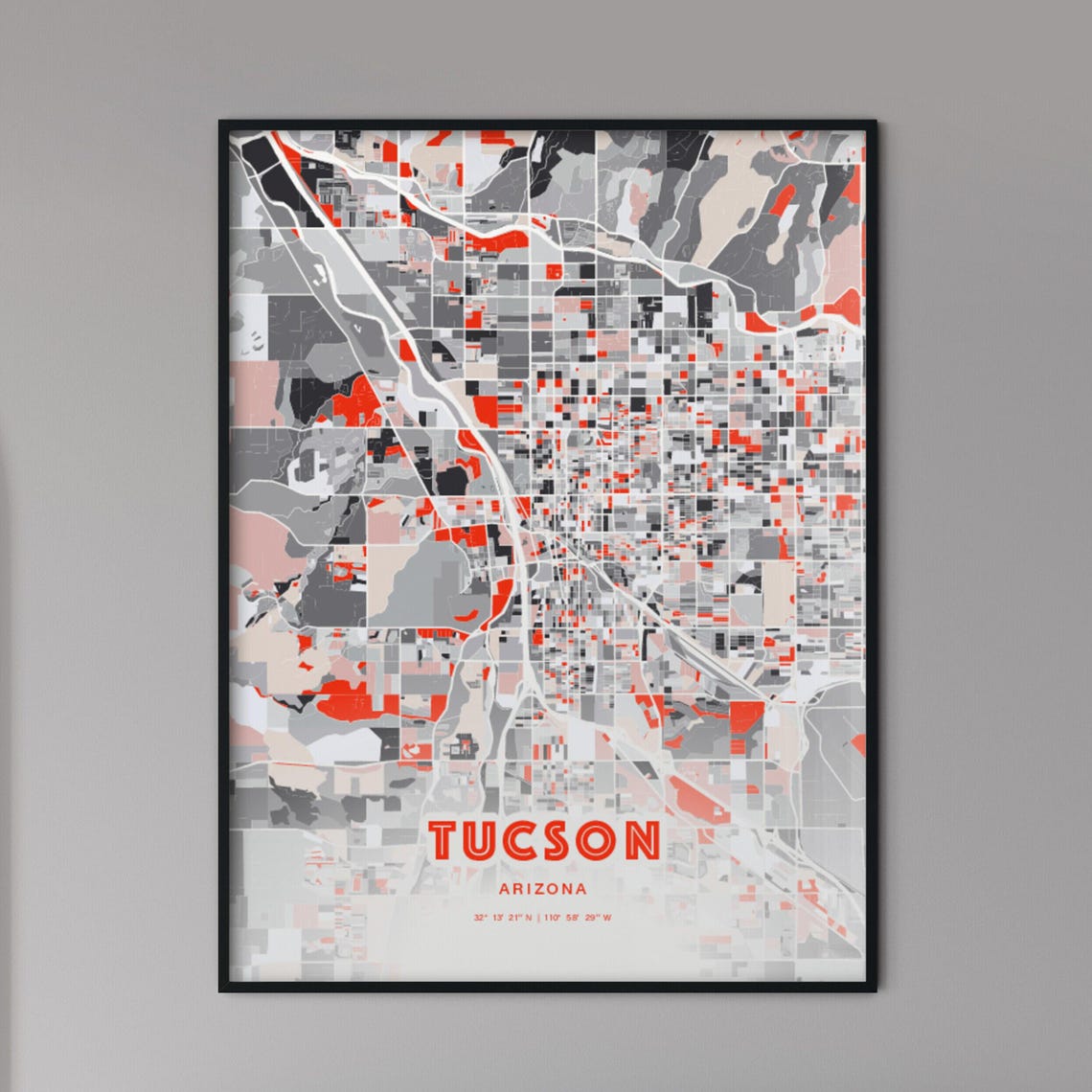 Tucson Arizona Expressive Red and Black City Map Artwork Poster