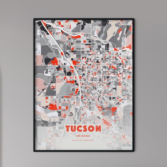 Tucson Arizona Expressive Red and Black City Map Artwork Poster