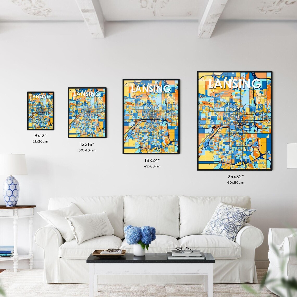 Lansing Michigan Vibrant Colorful Geometric Street Grid City Map Art Poster - Image 3