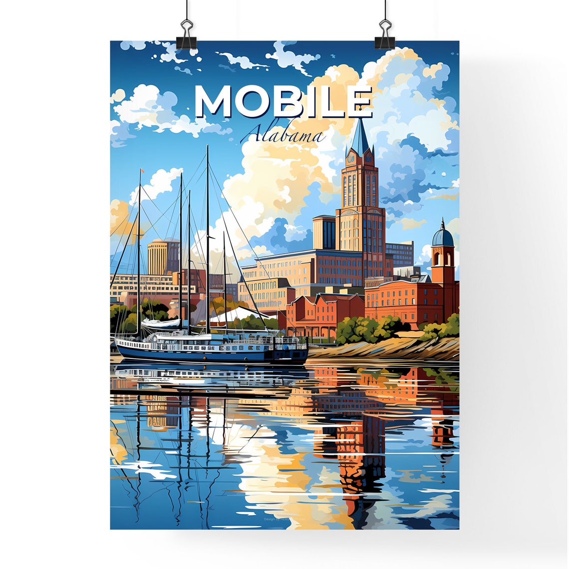 Mobile Alabama Sailboat Harbor City Skyline Clock Tower Poster - Image 4