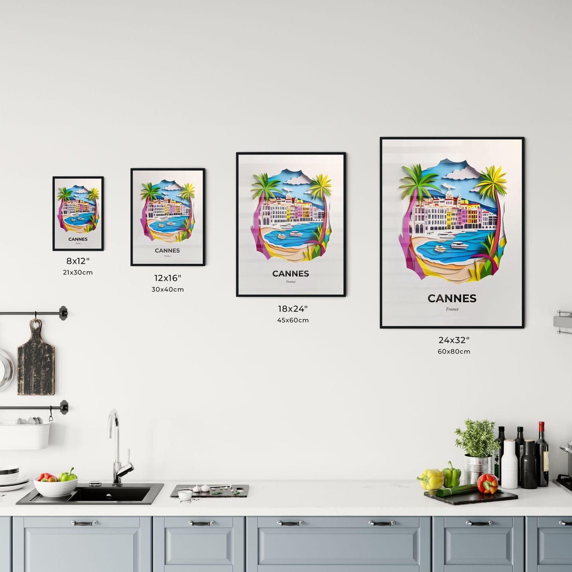 Cannes France Colorful Paper Cut Boats and Palm Trees Poster - Image 3