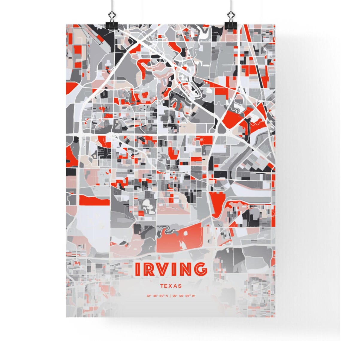 Irving Texas Expressive Red Abstract Modern City Map Art Poster - Image 3