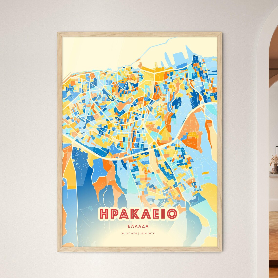 Heraklion Crete Greece Colorful Blue Orange City Map Art Print