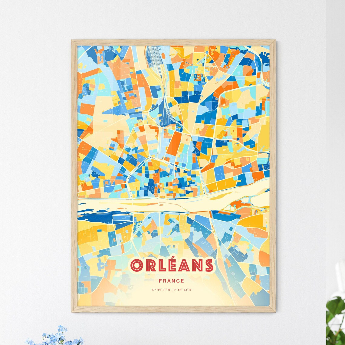 Orleans France Vibrant Blue Orange City Map Art Poster Decor