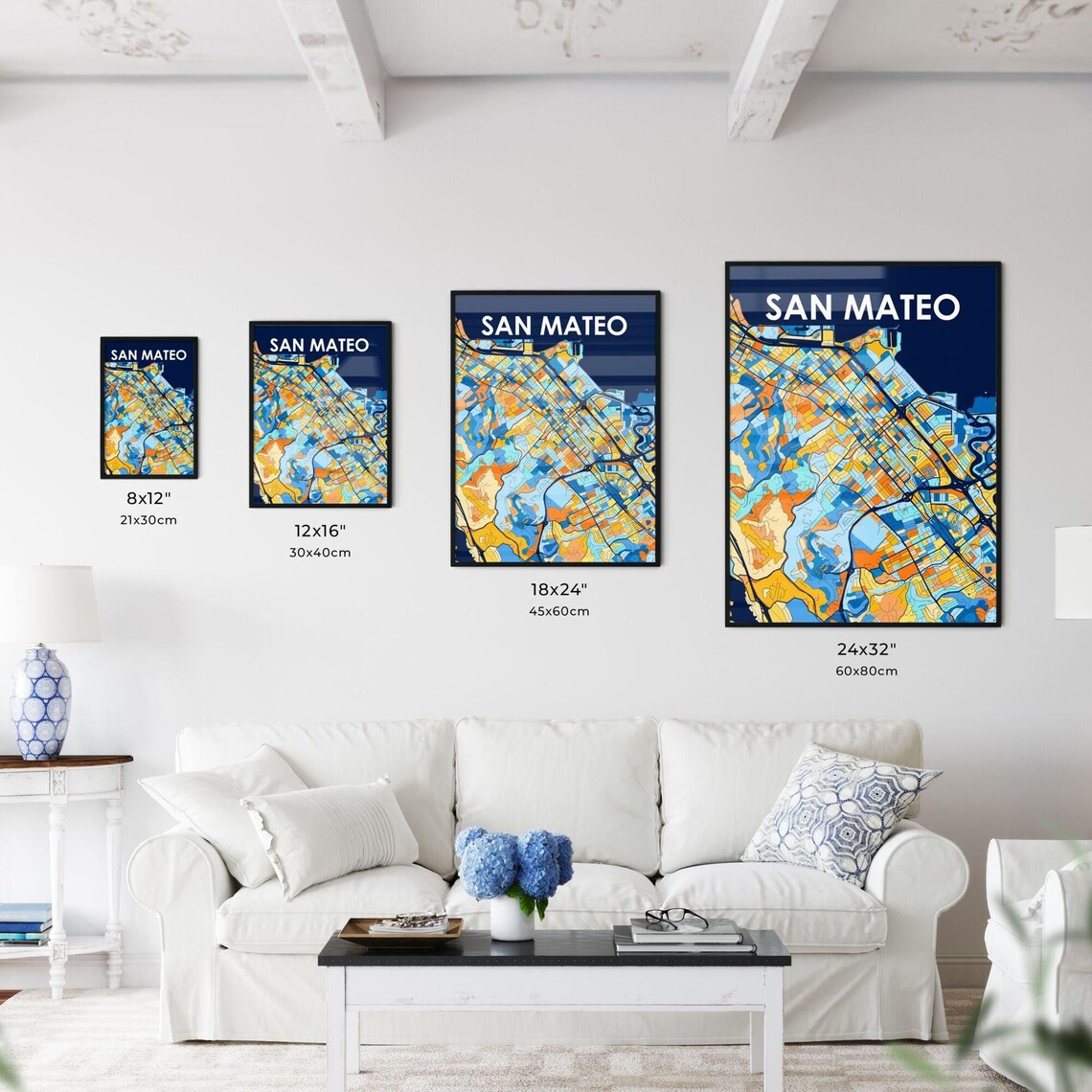 San Mateo California Stylish Vibrant Blue and Orange Mosaic City Map Poster - Image 3