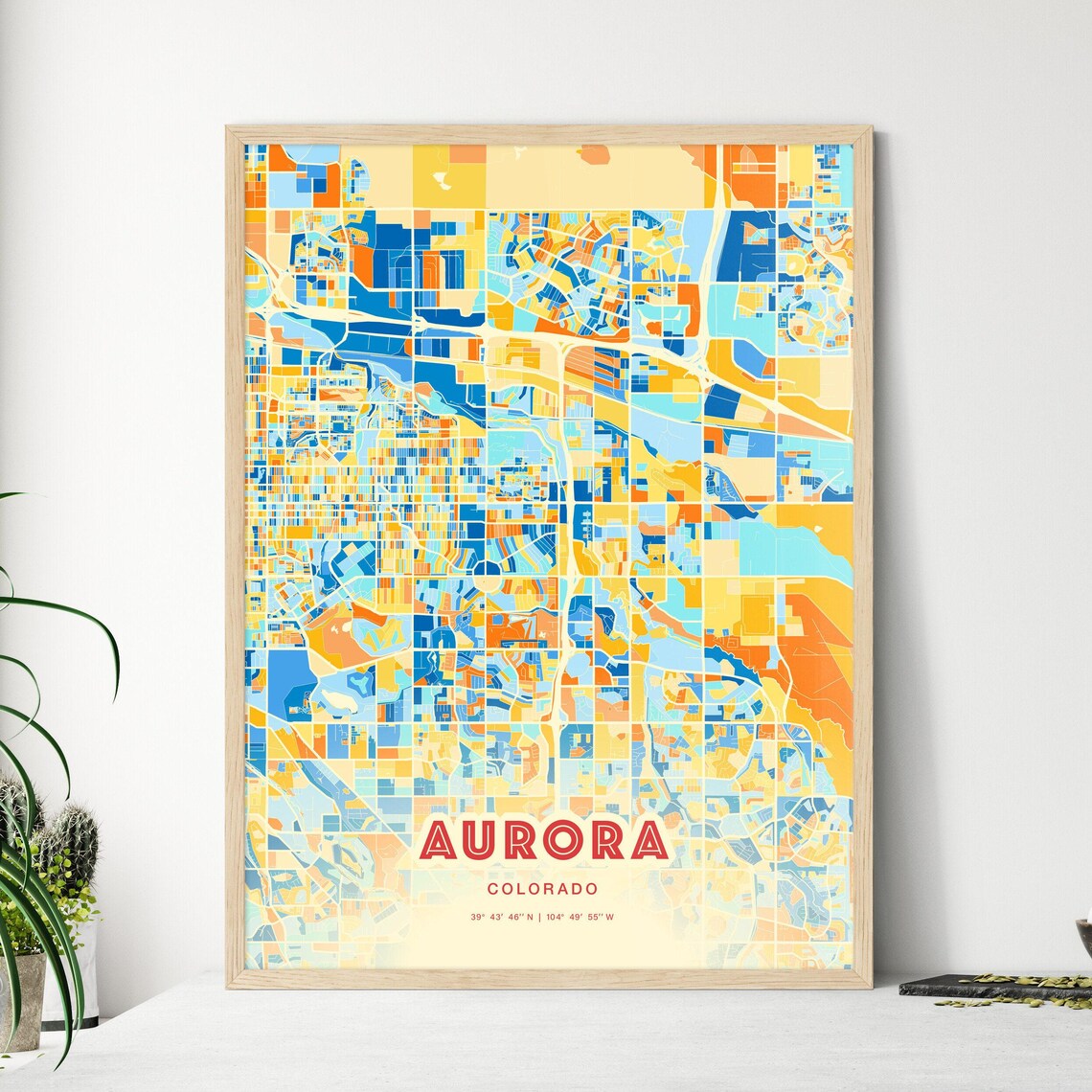 Aurora Colorado City Map Art Poster in Bold Blue and Orange Tones