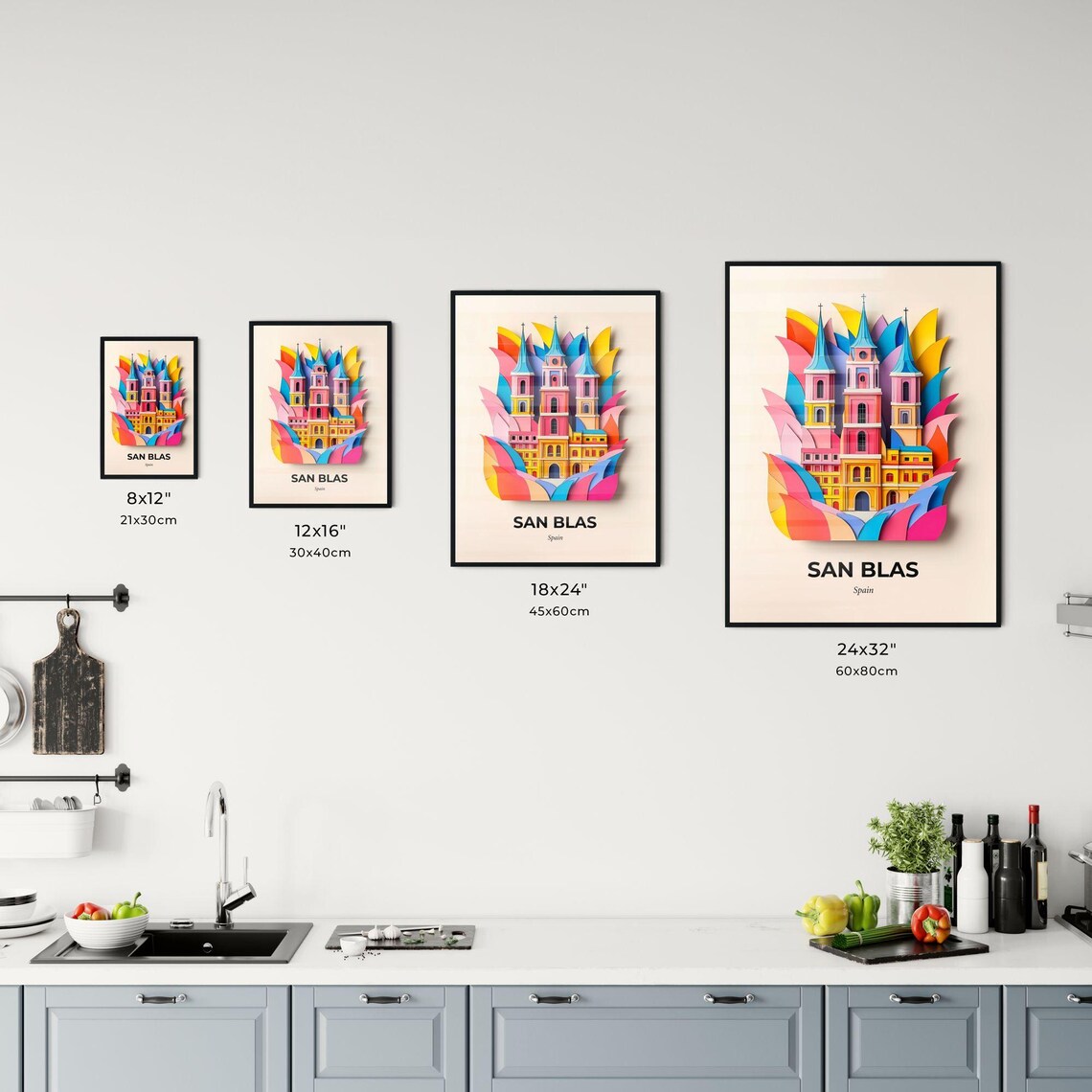 San Blas Spain Paper Cut Church Towers Colorful Travel Poster - Image 3