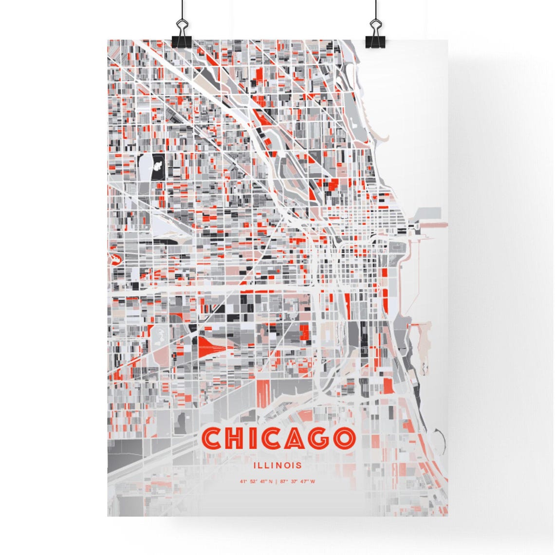 Chicago Illinois Expressive Bold Red City Street Map Artwork Poster - Image 3