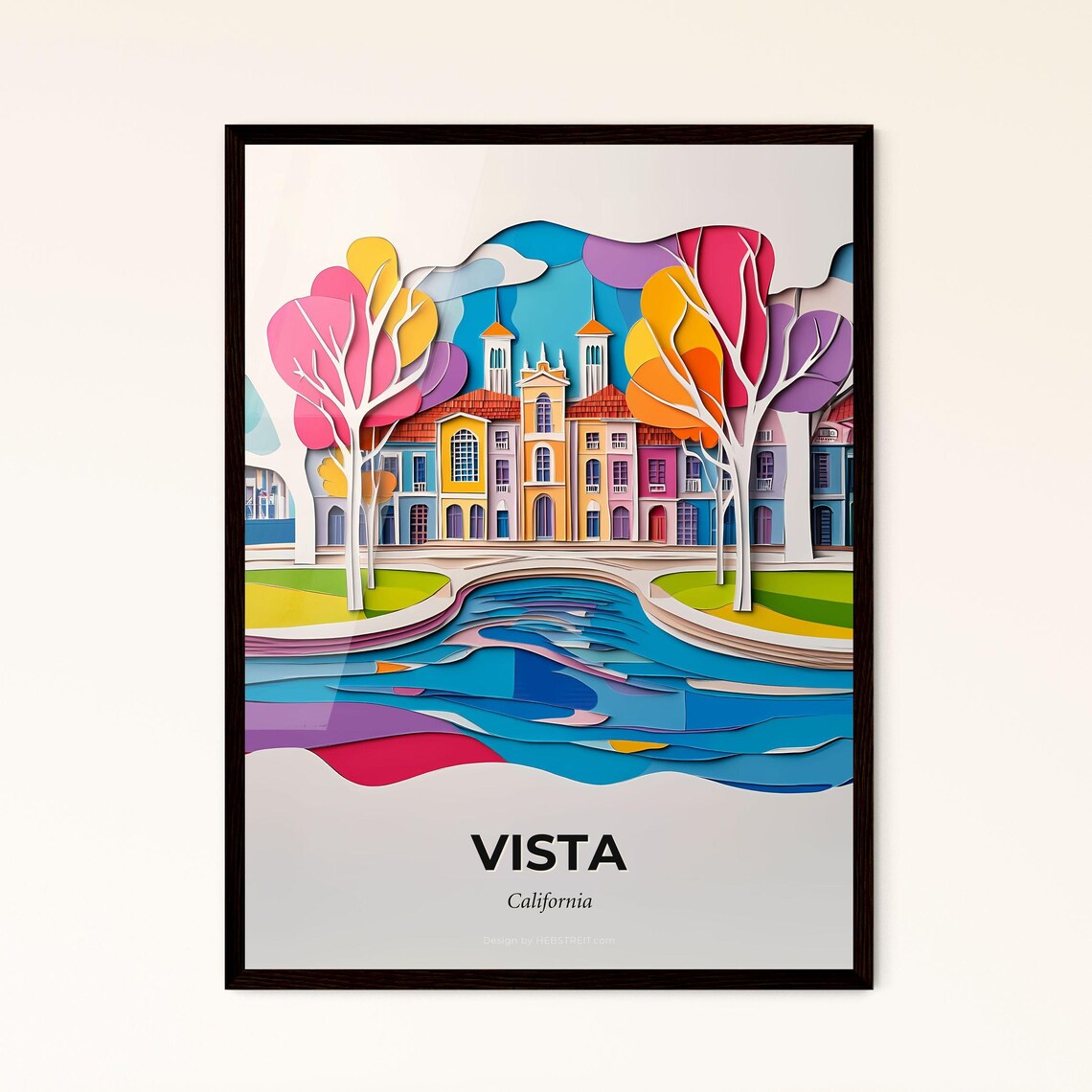 Vista California Mission River Colorful Paper Cut Art Poster