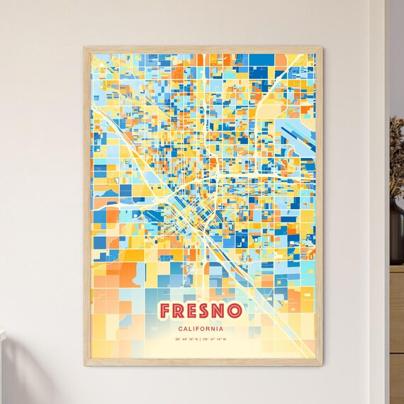 Fresno California City Map Blue Orange Street Art Map Poster