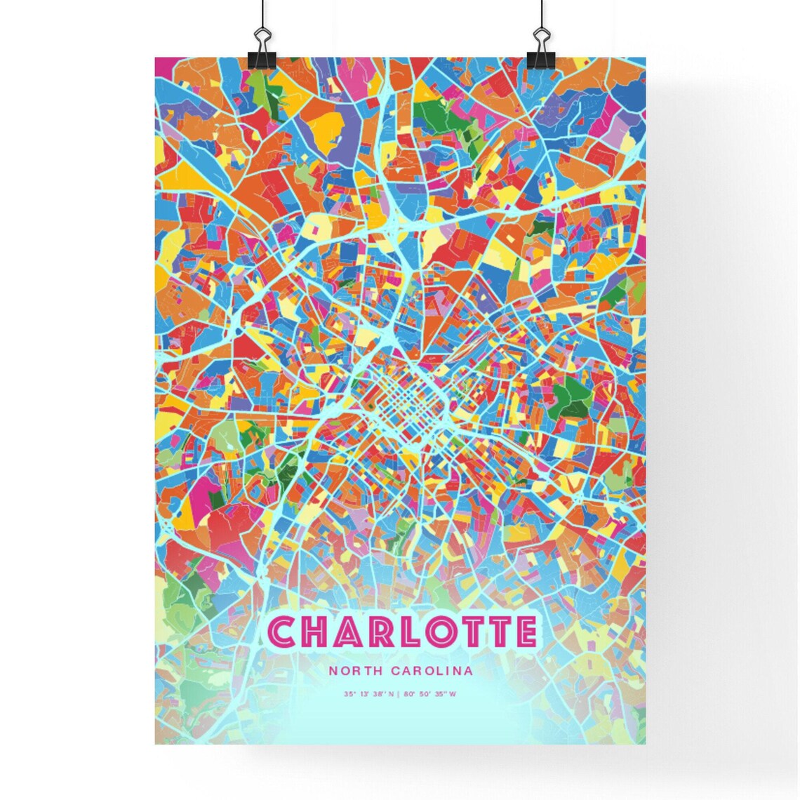 Charlotte North Carolina Colorful City Map Art Poster in Pink and Turquoise - Image 3