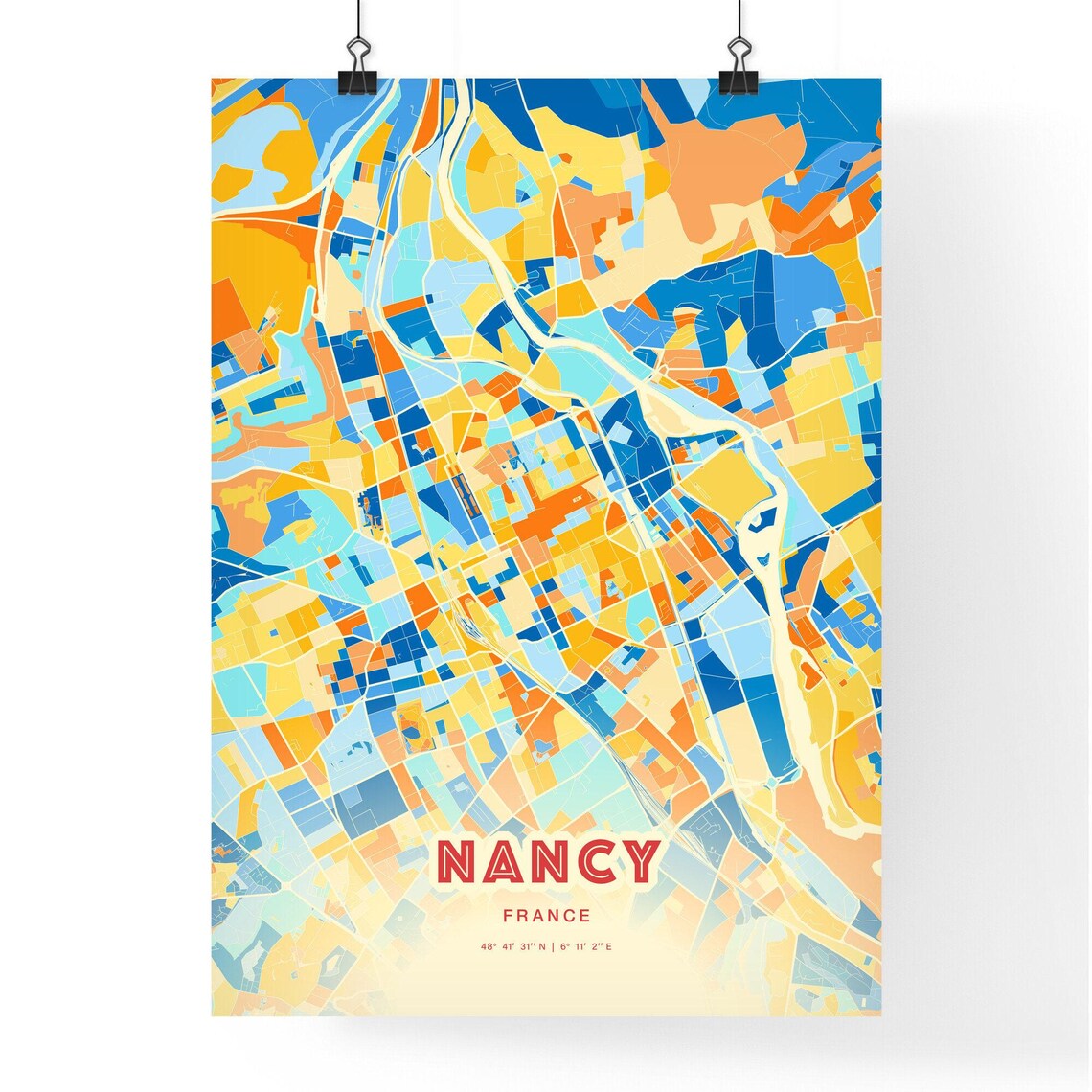 Nancy France Vibrant Colorful Blue Orange City Map Art Poster Decor - Image 3