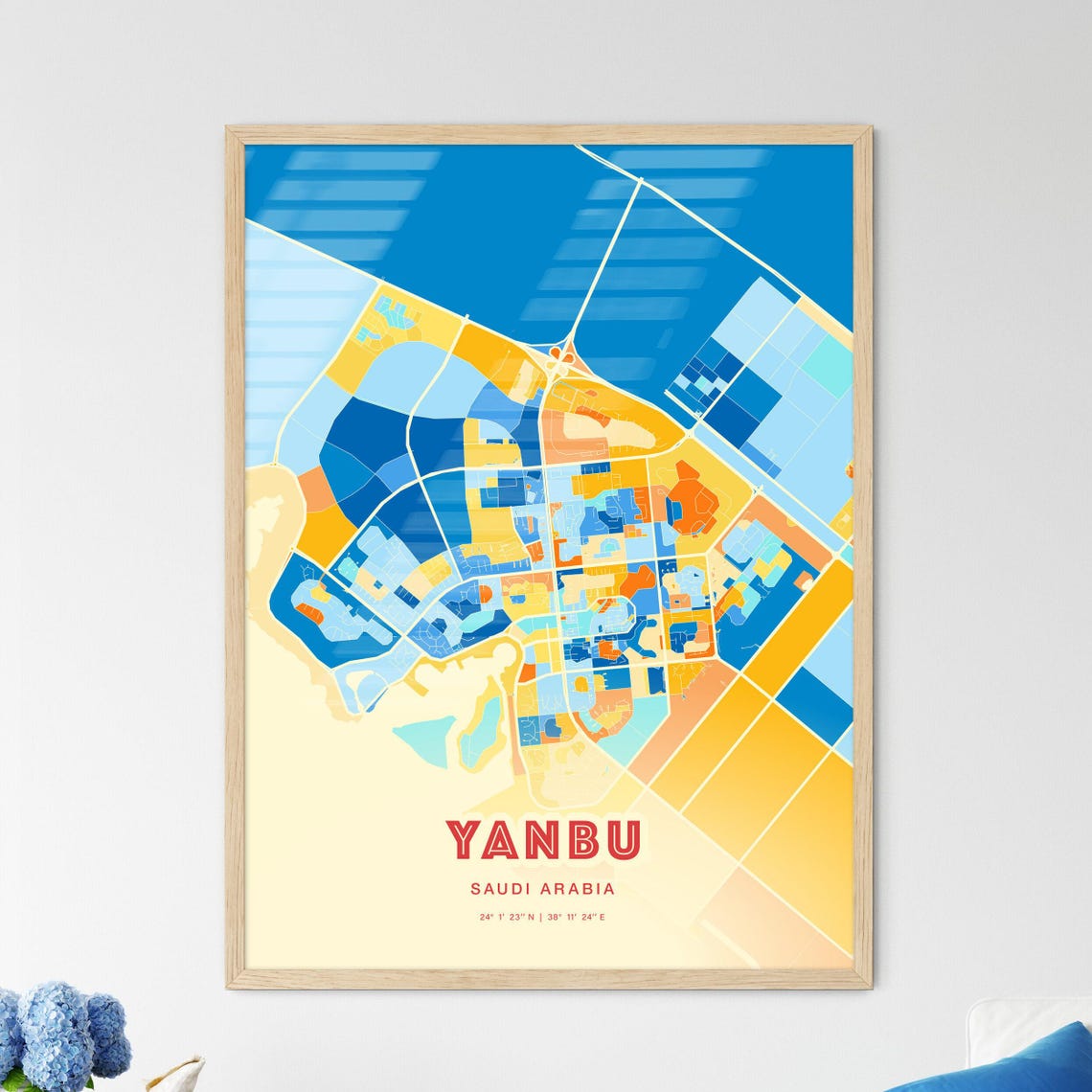 Yanbu Saudi Arabia Blue Orange Abstract City Map Fine Art Poster