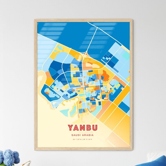 Yanbu Saudi Arabia Blue Orange Abstract City Map Fine Art Poster