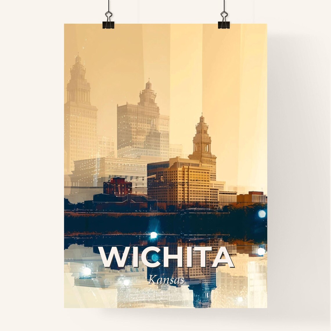 Wichita Kansas Golden Sepia Skyline River Reflection Art Poster - Image 4