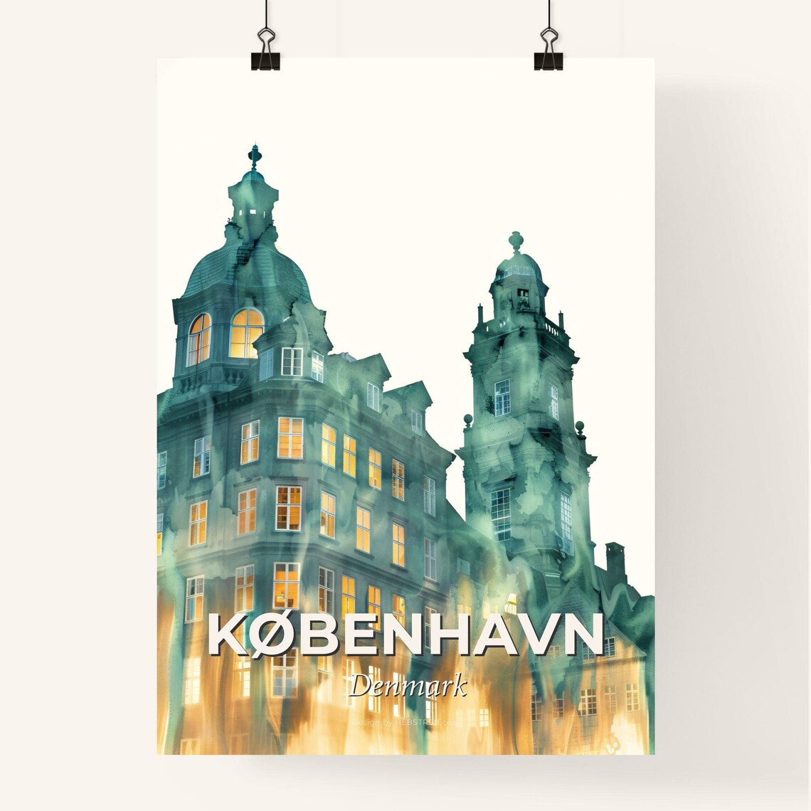Kobenhavn Denmark Green Watercolor Old Town Architecture Art Poster - Image 4