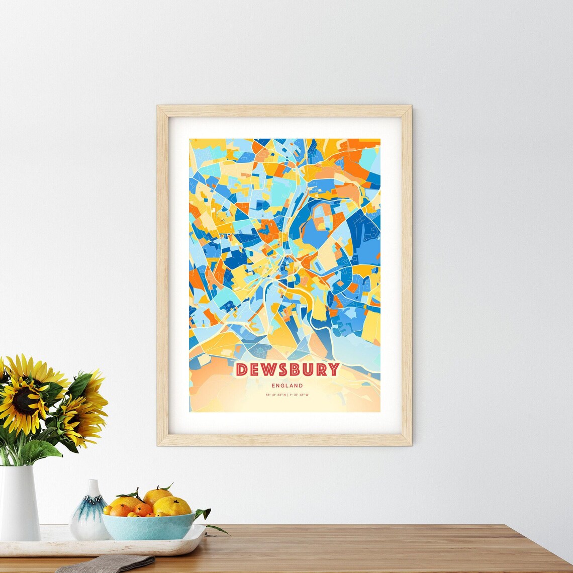 Dewsbury England Colorful Blue and Orange Retro City Street Map Wall Art - Image 2