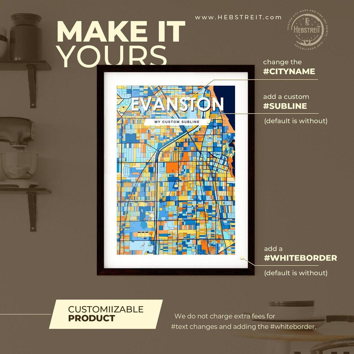 Evanston Illinois City Map Art Print Deep Navy Blue And Orange Street Grid - Image 2