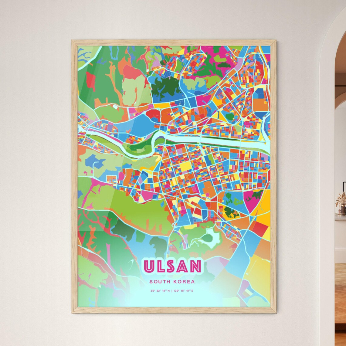 Ulsan South Korea Rainbow City Map Poster Vibrant Colorful Street Grid Art