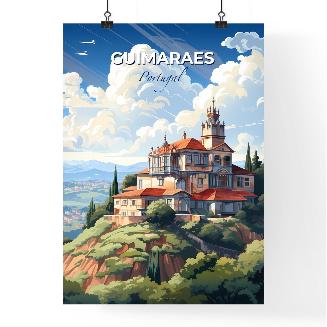 Guimaraes Portugal Hilltop Manor Cypress Trees Vintage Travel Poster - Image 4