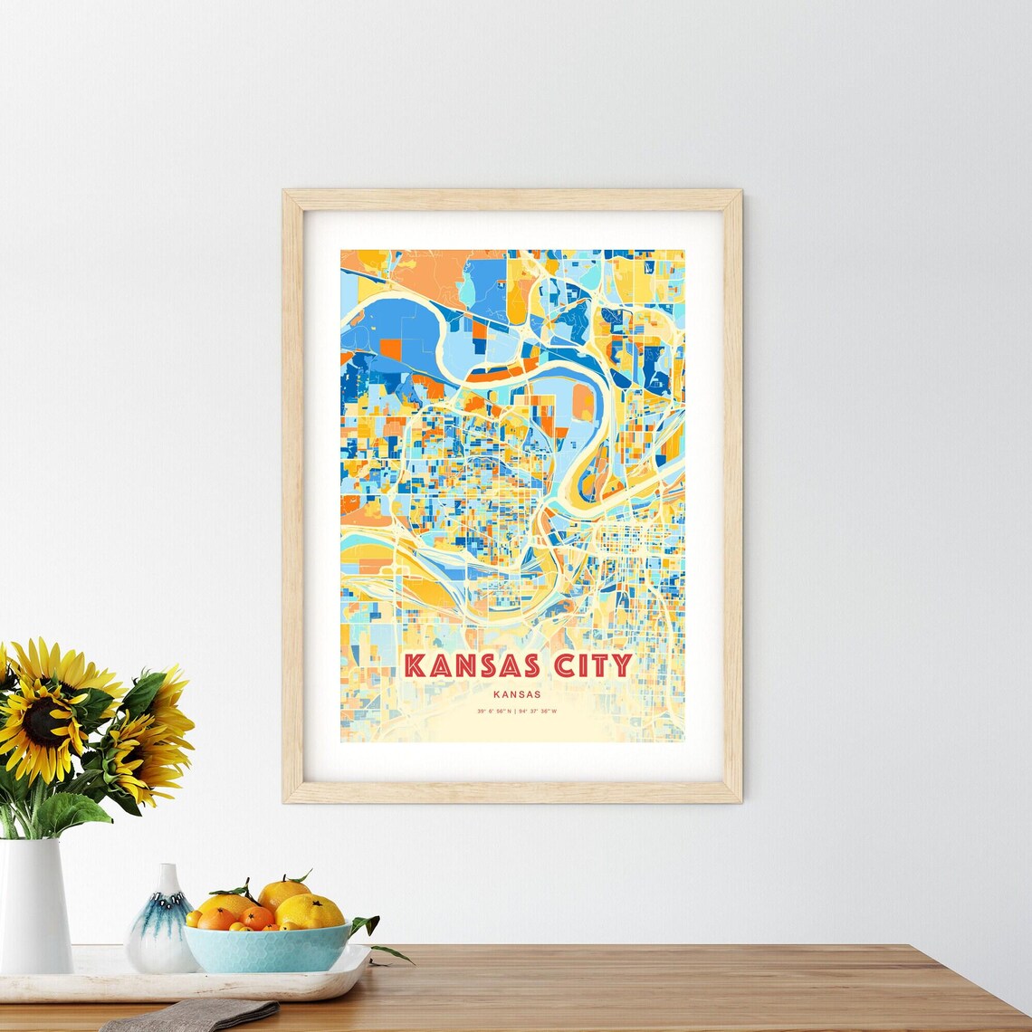 Kansas City Kansas Bold Blue Orange Abstract Street Map Art Poster - Image 2