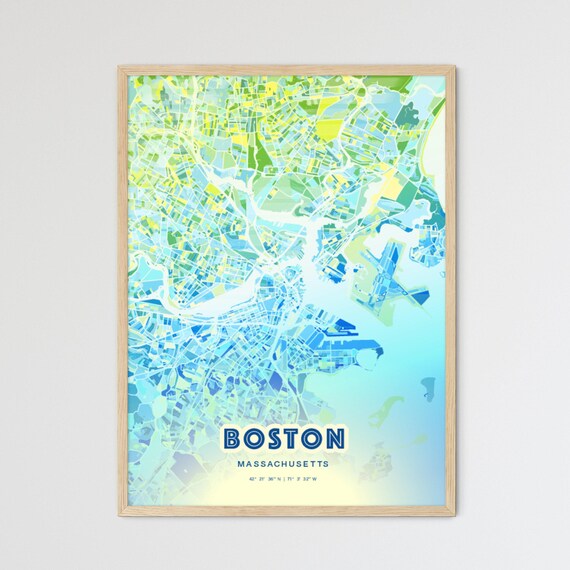 Boston Massachusetts Bluish Watercolor Modern City Map Art Poster