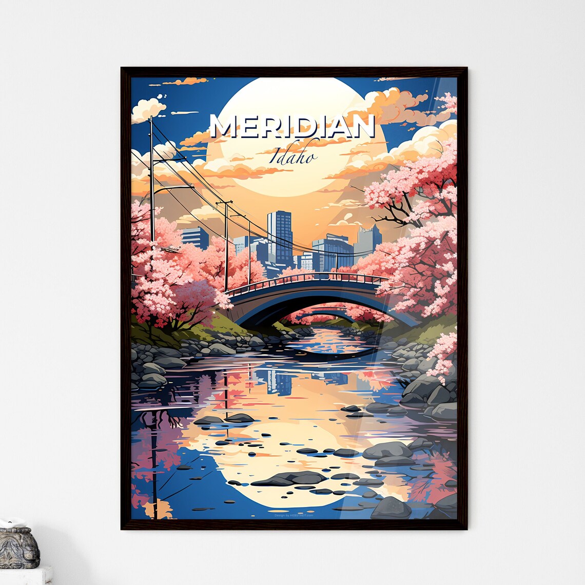 Meridian Idaho Cherry Blossom River Bridge Full Moon Art Poster