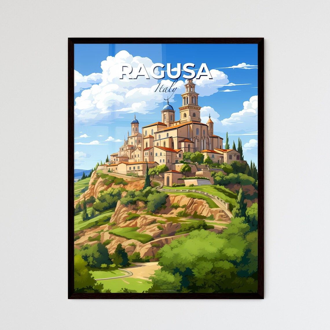Ragusa Italy Hilltop Baroque Church Towers Green Valley Poster