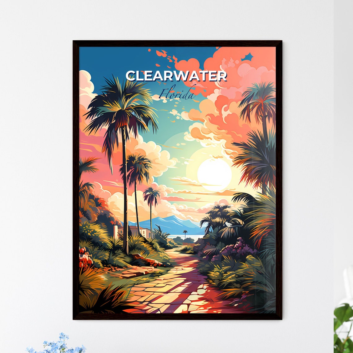 Clearwater Florida Palm Path Sunset Beach Sea Travel Poster Art