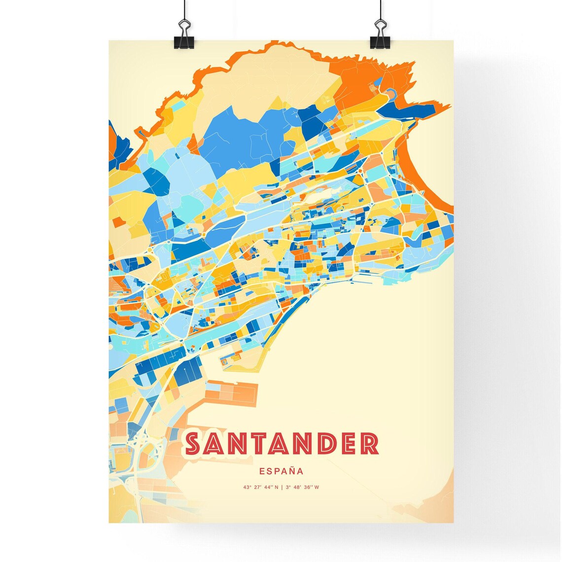 Santander Spain Vibrant Colorful Blue Orange City Map Art Poster - Image 3