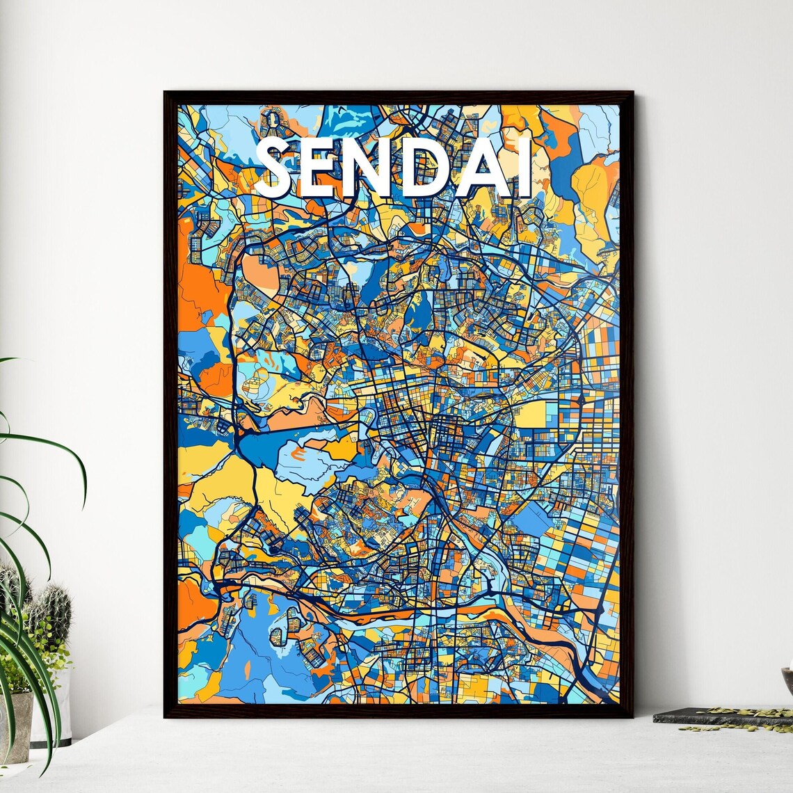 Sendai Japan Stylish Vibrant Blue and Orange Mosaic City Map Poster