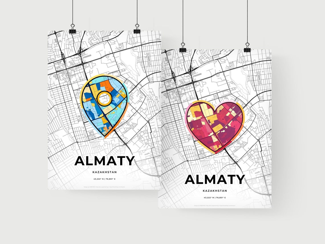 Almaty Kazakhstan Minimalist Line Art Heart Shaped City Map Poster - Image 2