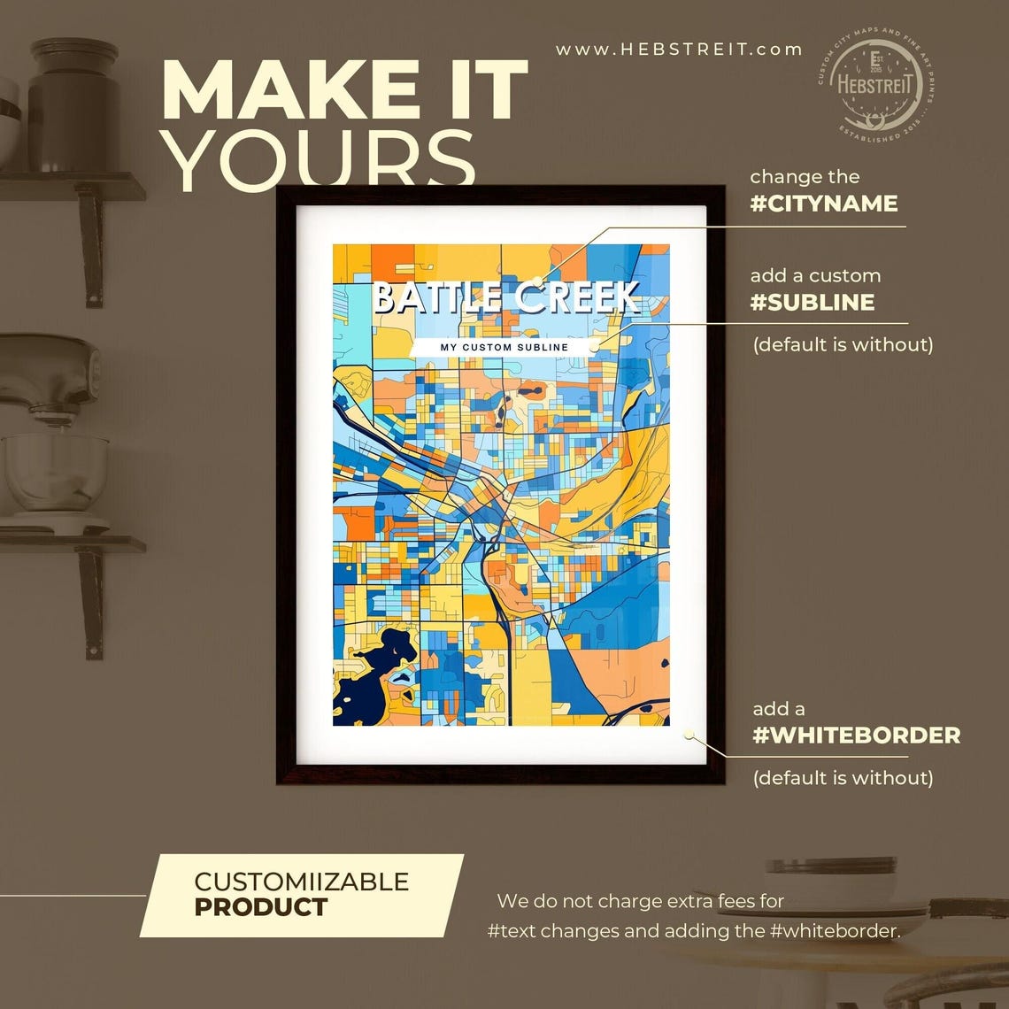Battle Creek Michigan Vibrant Blue and Orange City Map Poster - Image 2