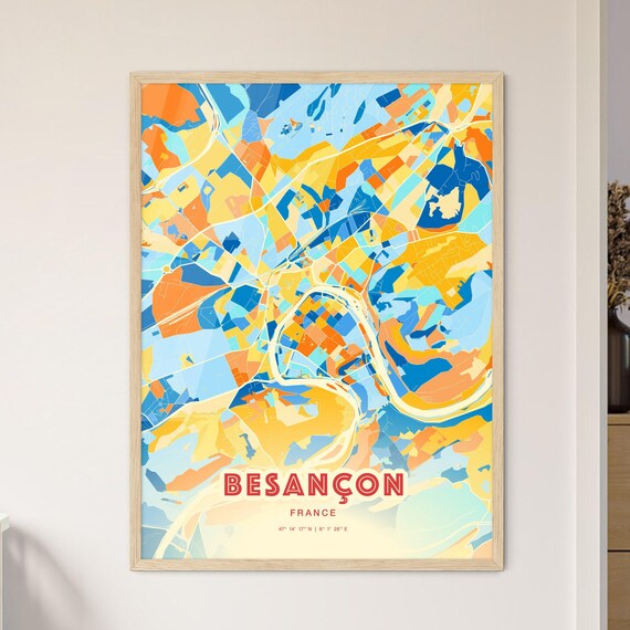 Besançon France Colorful Blue Orange Map Art Poster Wall Decor