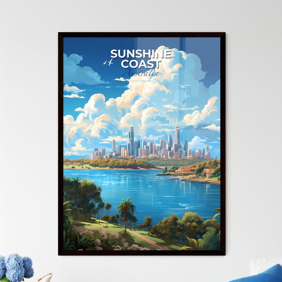 Sunshine Coast Australia Skyline Lake Palm Trees Travel Art Poster