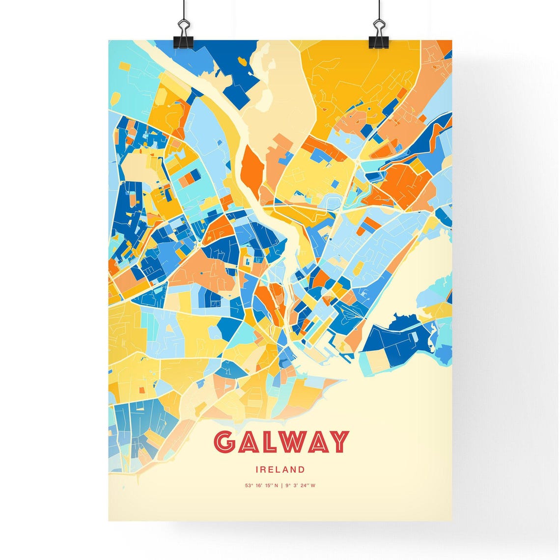 Galway Ireland Vibrant Stylized Blue and Orange City Map Poster - Image 3