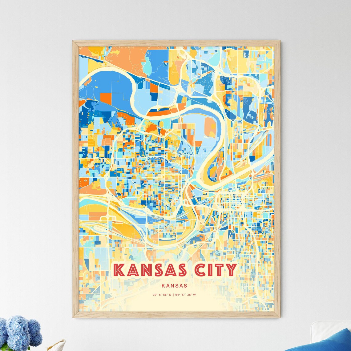 Kansas City Kansas Bold Blue Orange Abstract Street Map Art Poster