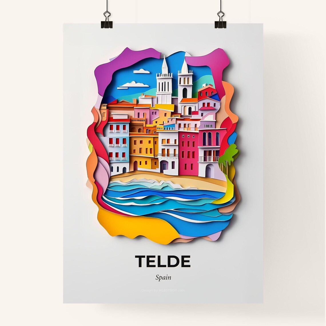 Telde Spain Beach Waves Twin Church Towers Paper Cut Art Poster - Image 4