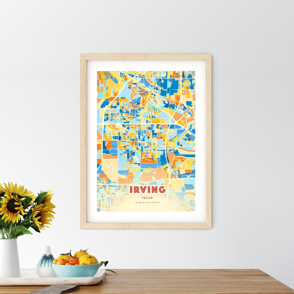 Irving Texas Colorful City Map Poster Blue Orange Dallas Area Wall Decor - Image 2