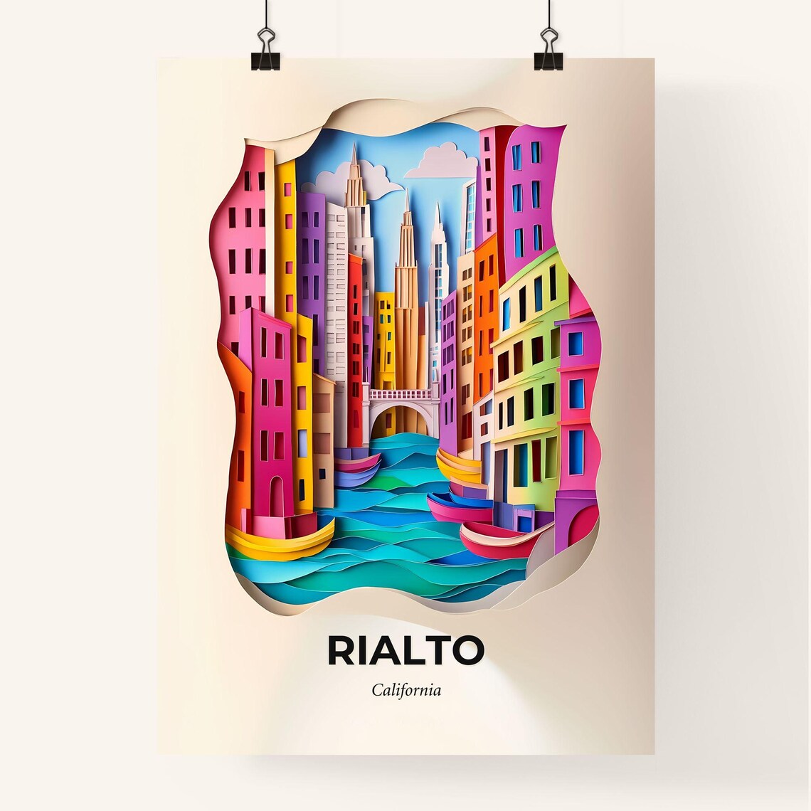 Rialto California Canal City Boats Vivid Paper Cut Art Poster - Image 4