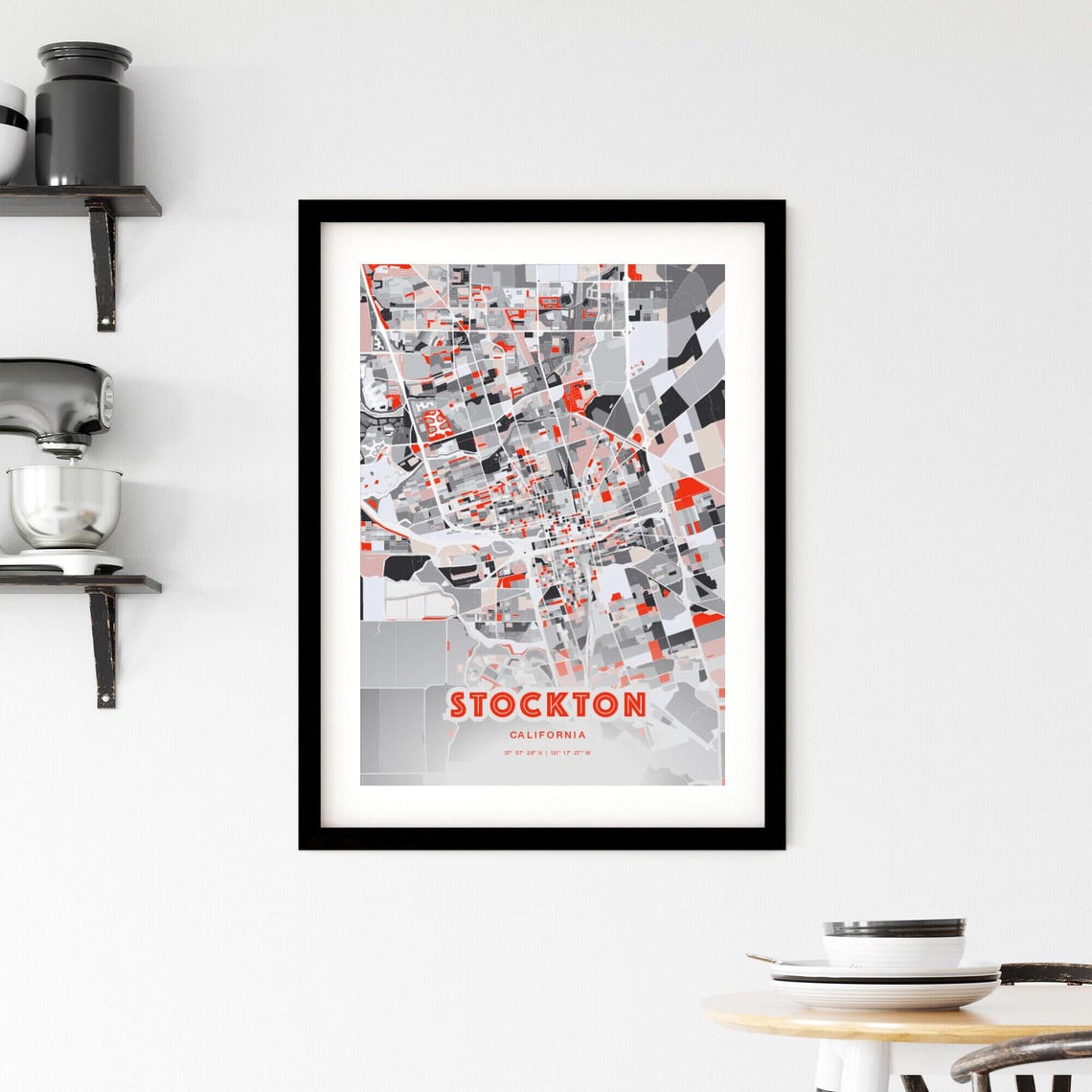Stockton California Expressive Red Bold Modern City Map Art Poster - Image 2