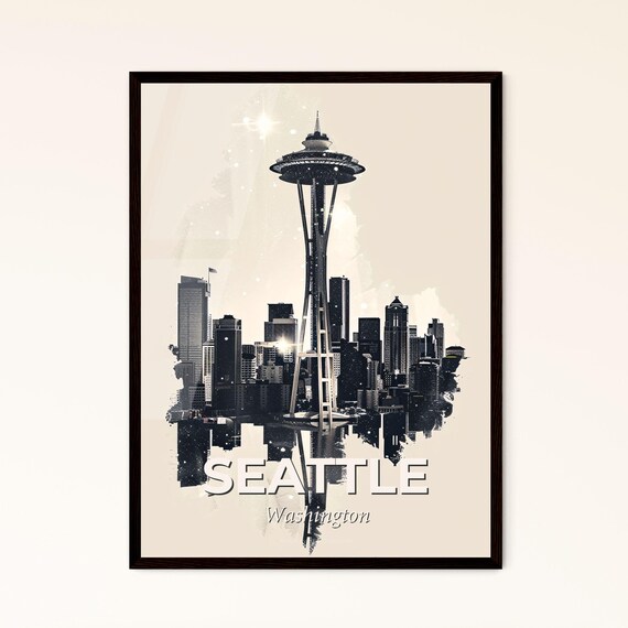 Seattle Washington Space Needle Monochrome Skyline Art Poster