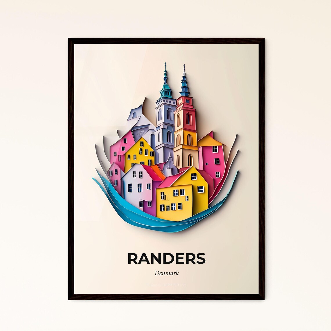 Randers Denmark Colorful Paper Cut Twin Towers Travel Poster Art