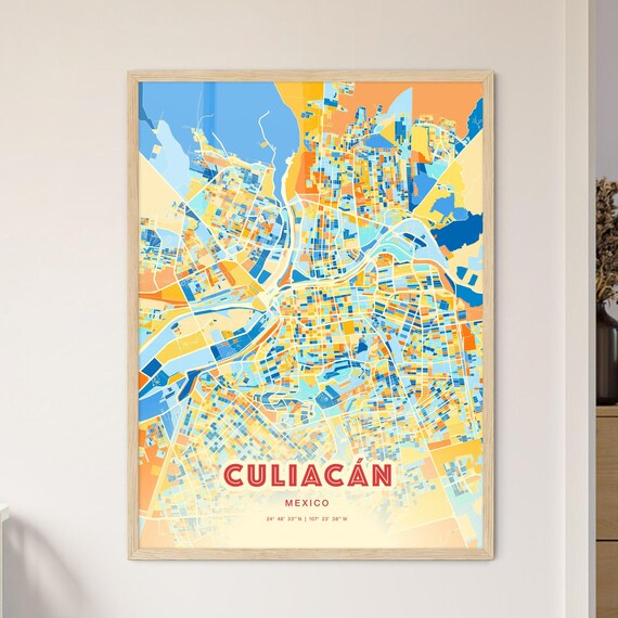Culiacan Mexico City Map Blue Orange Street Art Map Poster Decor