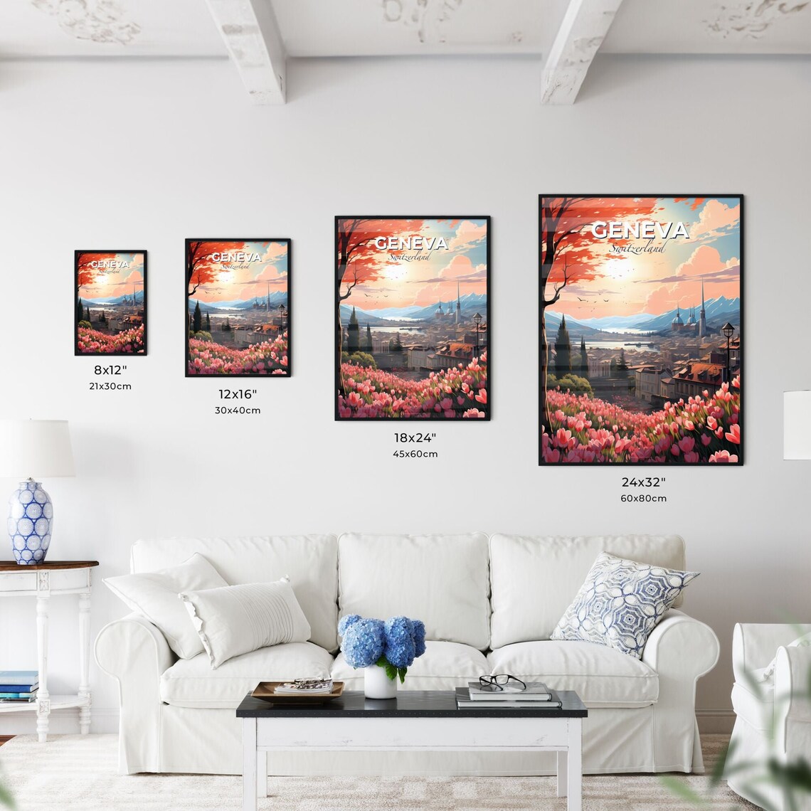 Geneva Switzerland Tulip Field Lake And Alps Sunset View Poster - Image 3