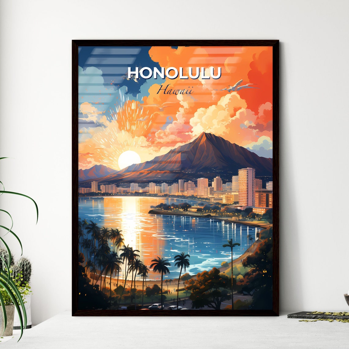 Honolulu Hawaii Diamond Head Sunset Beach Colorful Travel Poster