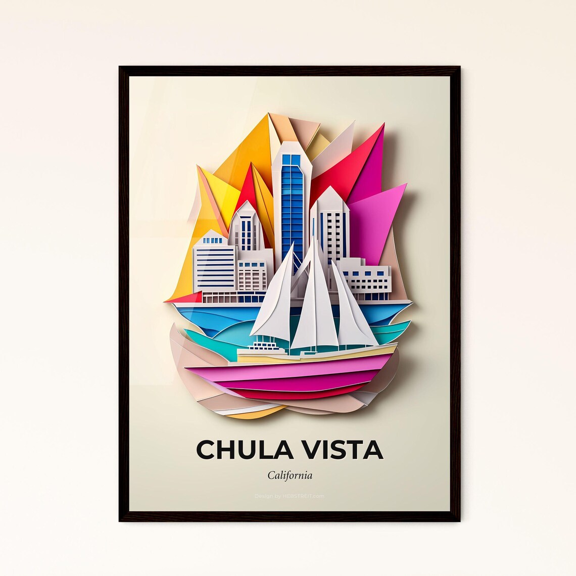 Chula Vista California Colorful Paper Cut Sailboats and Skyline Poster